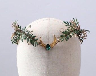 Couronne elfique des bois lune, diadème de fée, couronne d'elfe, diadème elfique, couronne de mariée mariage bohème, diadème vert feuille d'or noir, casque elfique