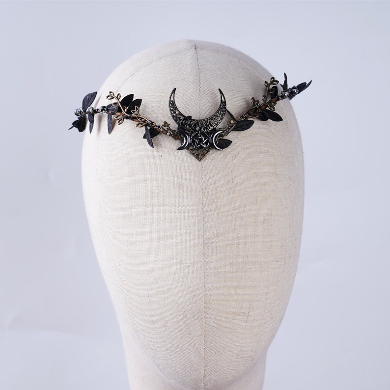 Moon Elven Crown Black Elf Tiara Leaf Headpiece Fairy Crown Witch Elf Tiara Gothic Headband Elven Dress Bridal Wedding Crown Elf Elven Gift zdjęcie 2