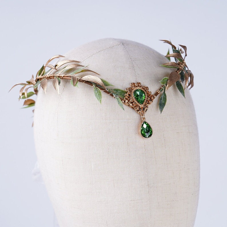 Fairy Crown Elf Tiara goud groen blad kroon meisje Elven zendspoel Fairy kostuum Circlet Woodland Faire diadeem bruiloft Boho bruiloft hoofdband afbeelding 8