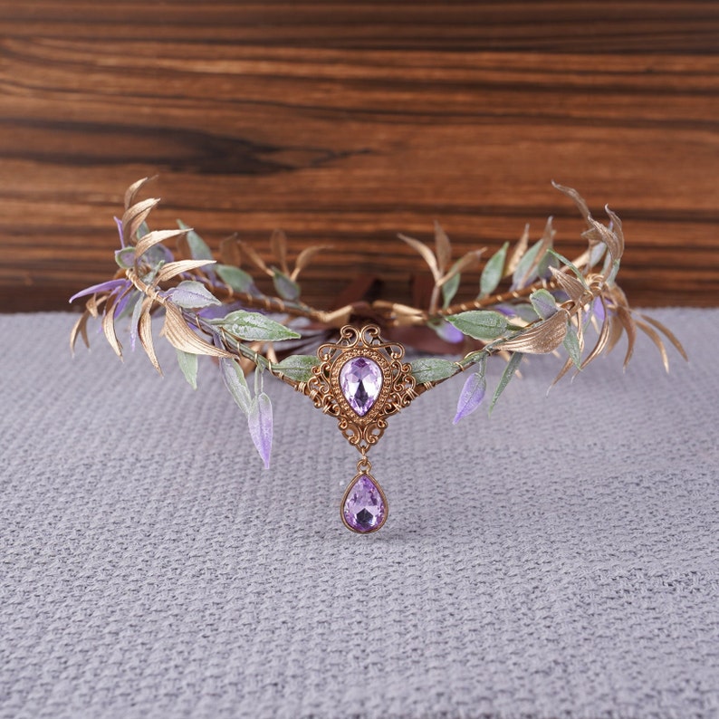 Fairy Crown Elf Tiara Gold Purple Leaf Wood Crown Girl Elven Headpiece Fairy Costume Circlet Woodland Faire Diadem Boho Wedding Headband image 2