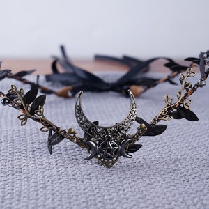 Moon Elven Crown Black Elf Tiara Leaf Headpiece Fairy Crown Witch Elf Tiara Gothic Headband Elven Dress Bridal Wedding Crown Elf Elven Gift zdjęcie 5