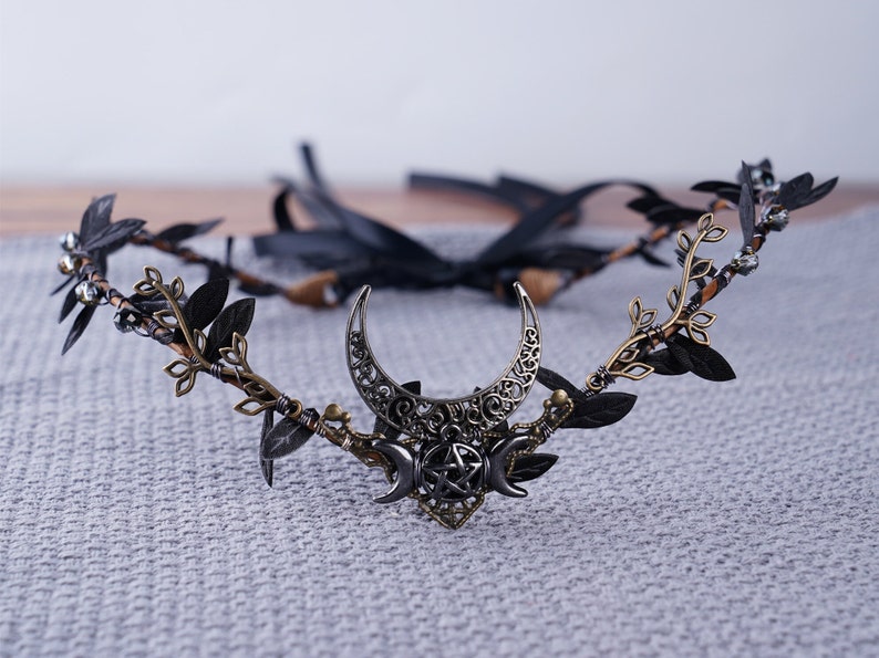 Moon Elven Crown Black Elf Tiara Leaf Headpiece Fairy Crown Witch Elf Tiara Gothic Headband Elven Dress Bridal Wedding Crown Elf Elven Gift zdjęcie 5