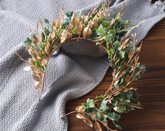 Couronne de halo de fée verte dorée, diadème de feuille elfique, casque d'elfe, diadème de fille de fleur, bandeau de mariée mariage bohème, couronne de cheveux de mariée Woodland