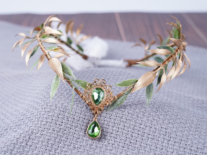 Fairy Crown Elf Tiara goud groen blad kroon meisje Elven zendspoel Fairy kostuum Circlet Woodland Faire diadeem bruiloft Boho bruiloft hoofdband afbeelding 3