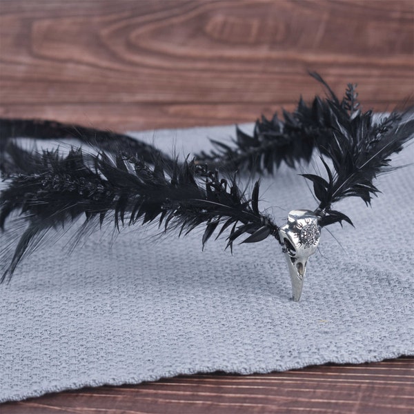 Black Elf Crown with Black Feather Elven Wedding Crown Gothic Woodland Witch Crown Headpiece Fairy Tiara Elvish Headpiece Forehead Jewelry