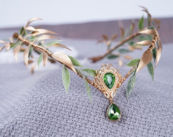 Couronne de fée diadème d'elfe or feuille verte couronne fille elfique casque Costume de fée diadème Woodland Faire diadème mariage bandeau de mariage bohème