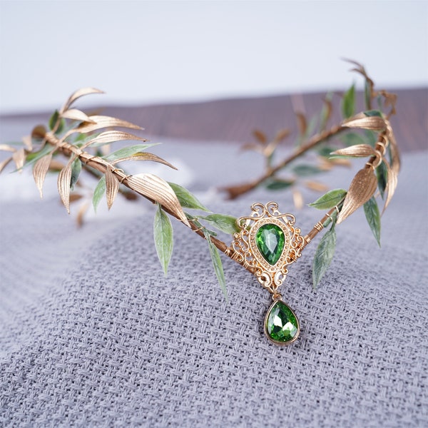 Fairy Crown Elf Tiara Gold Green Leaf Crown Girl Elven Headpiece Fairy Costume Circlet Woodland Faire Diadem Wedding Boho Wedding Headband