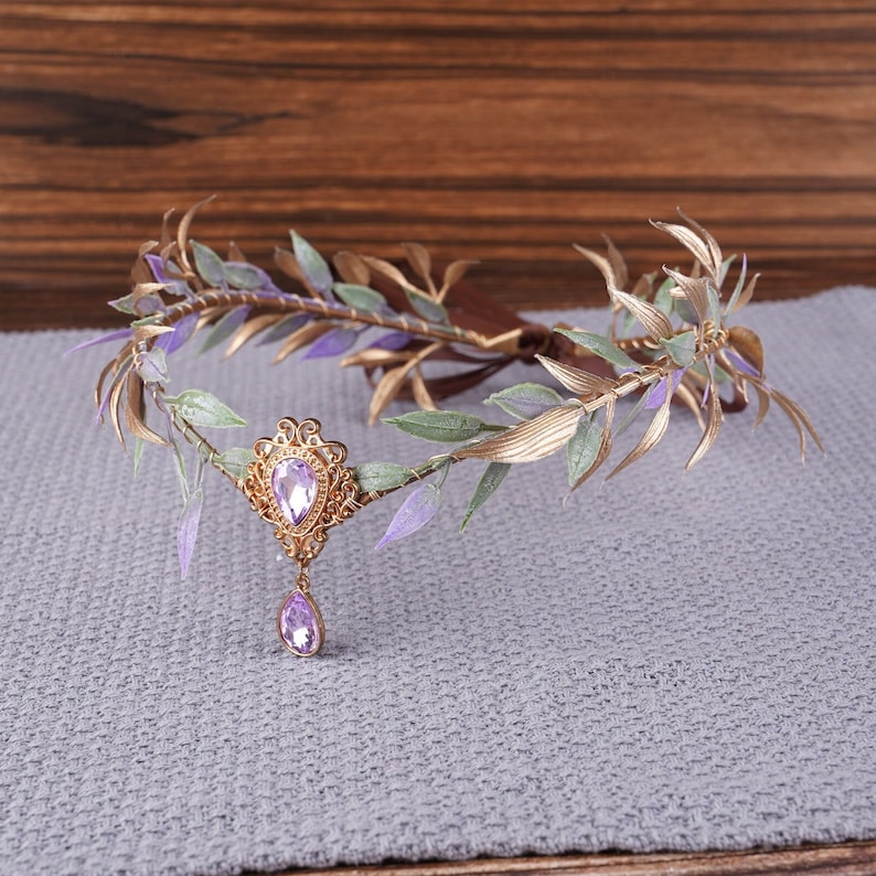 Fairy Crown Elf Tiara Gold Purple Leaf Wood Crown Girl Elven Headpiece Fairy Costume Circlet Woodland Faire Diadem Boho Wedding Headband image 1