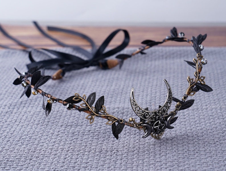 Moon Elven Crown Black Elf Tiara Leaf Headpiece Fairy Crown Witch Elf Tiara Gothic Headband Elven Dress Bridal Wedding Crown Elf Elven Gift Czarny