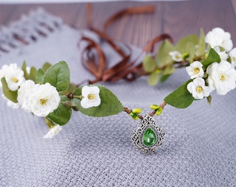 Couronne de fleur blanche fille fée elfe cristal vert diadème elfique casque fée Costume diadème Boho mariage couronne mariée fleur Woodland couronne