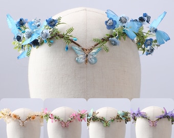 Papillon fée couronne elfe diadème elfique casque en bois Boho rustique mariée mariage coiffure bandeau floral forêt robe elfique