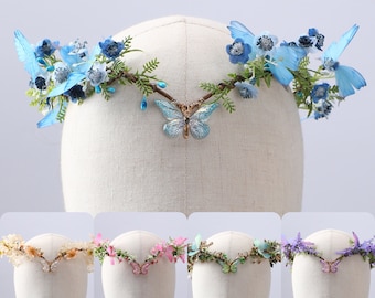 Butterfly Fairy Crown Elf Tiara Elven Wood Headpiece Boho Rustic Bridal Wedding Head Piece Floral Woodland Headband Forest Elvish Dress