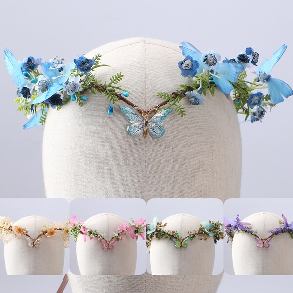 Butterfly Fairy Crown Elf Tiara Elven Wood Headpiece Boho Rustic Bridal Wedding Head Piece Floral Woodland Headband Forest Elvish Dress