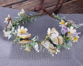 White Butterfly Tiara Elven Circlet Elf Flower Crown Boho Wedding Bridal Tiara Woodland Witch Headpiece Fairy Headband Elf Head Dress