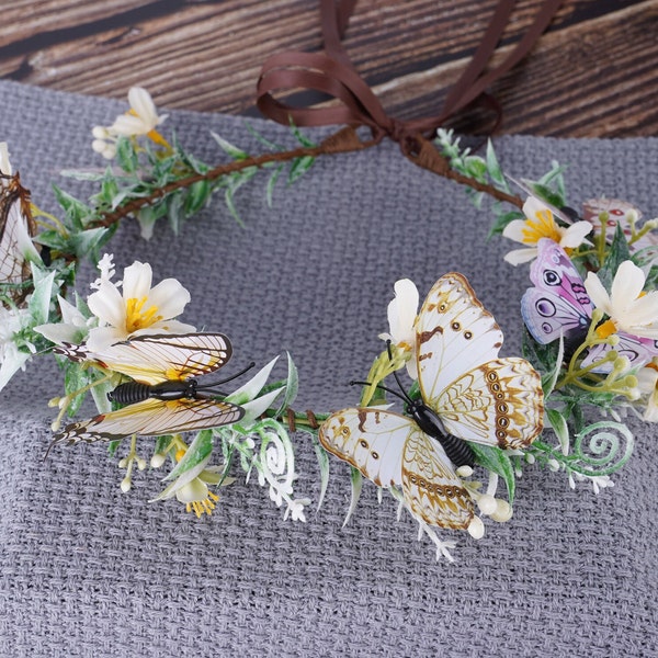 White Butterfly Tiara Elven Circlet Elf Flower Crown Boho Wedding Bridal Tiara Woodland Witch Headpiece Fairy Headband Elf Head Dress