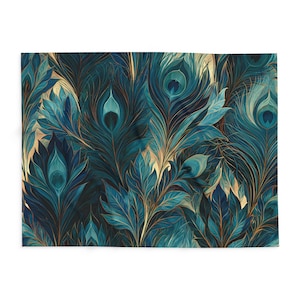 May include: A rectangular blanket featuring a repeating pattern of peacock feathers in shades of deep teal, navy blue, and gold. The design showcases intricate feather details with prominent eye motifs, creating a dense, layered visual texture.