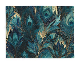 May include: A rectangular blanket featuring a repeating pattern of peacock feathers in shades of deep teal, navy blue, and gold. The design showcases intricate feather details with prominent eye motifs, creating a dense, layered visual texture.
