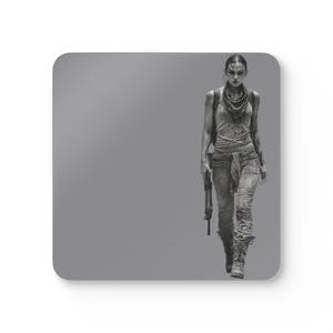 May include: Monochrome image of a woman in post-apocalyptic attire. She wears a tank top, jeans, and boots, with a scarf and a gun. The background is a solid grey, and the image is a square.
