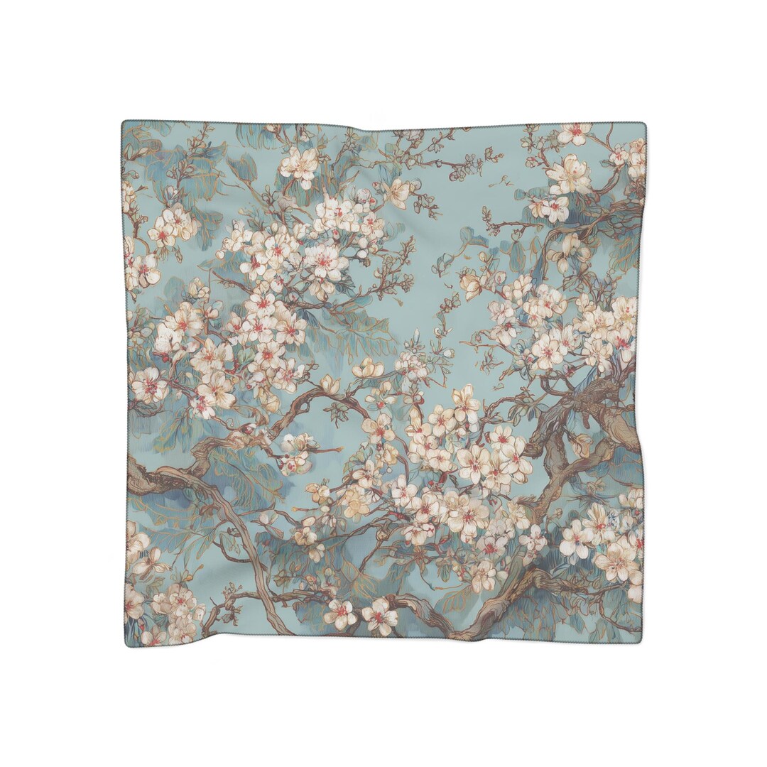 Cherry Blossom Scarf | Floral Blue Square Scarf - Etsy