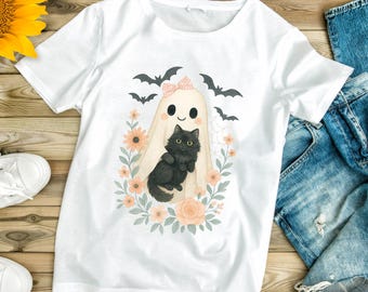Cute Ghost PNG With Black Cat, Floral Ghost Cat png, Trendy Halloween png, Girly Halloween PNG, Retro Coquette Digital Download