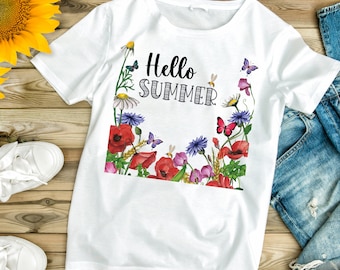 Wildflowers Hello Summer PNG: T-Shirt Design (Digital Download)
