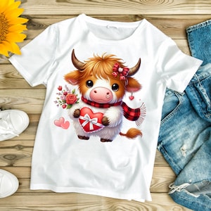 Cute valentine highland cow with hearts and flowers png file
