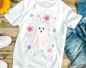 Kawaii Ghost PNG : Clipart floral pastel d'Halloween (téléchargement numérique