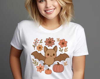 Clipart di pipistrello kawaii con fiori, zucca arancione spettrale di Halloween in formato PNG (download digitale)