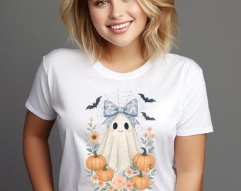 Cute Ghost PNG Sublimation Design, pastel coquette halloween, lace bow clipart, boho autumn download