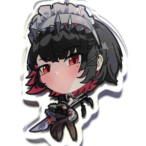 Könnte beinhalten: Ein schwarzer und roter Anime-Charakter in einem Dienstmädchenkostüm, der ein Schwert hält. Der Charakter hat schwarze Haare, rote Augen und eine weiße Dienstmädchenmütze mit schwarzem Besatz. Der Charakter hält ein Schwert in seiner rechten Hand. Der Charakter steht auf einem weißen Hintergrund.