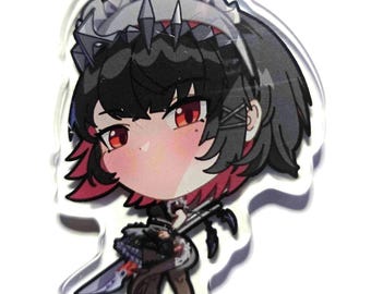 Könnte beinhalten: Ein schwarzer und roter Anime-Charakter in einem Dienstmädchenkostüm, der ein Schwert hält. Der Charakter hat schwarze Haare, rote Augen und eine weiße Dienstmädchenmütze mit schwarzem Besatz. Der Charakter hält ein Schwert in seiner rechten Hand. Der Charakter steht auf einem weißen Hintergrund.