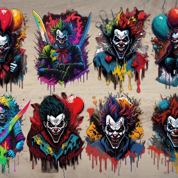 8 Scary killer clown sublimation bundle png, Background free, printable, Instant Download PNGs, clipart set