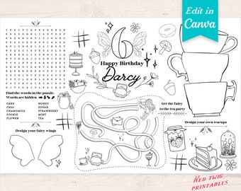 Fairy Tea Party Favor | Customizable 11x17 Placemat | Customizable Coloring Page |  Fairy First Printable