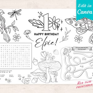 lembrancinha de festa fada | individual de mesa para colorir personalizável | Página para colorir personalizável | Individual de mesa de atividades para impressão | Fada primeiro para impressão