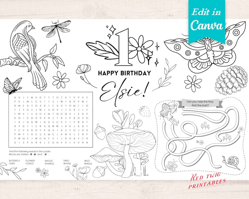 Fairy Party Favor Customizable Coloring Placemat Customizable Coloring Page Printable activity placemat Fairy First Printable image 1