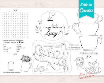 Tea Party Favor | Customizable Coloring Placemat | Customizable Coloring Page | Printable activity placemat