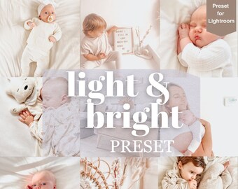 May include: A digital preset for Lightroom called "light & bright" with a collage of photos featuring babies in white clothing and a neutral color palette.