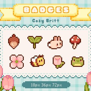 May include: A collection of pixel art badges featuring an acorn, leaf, bunny, mushroom, flower, bee, tulip, and frog. The word "BADGES" is displayed above the badges, with "Cozy Britt" below. The background is a light blue plaid pattern.