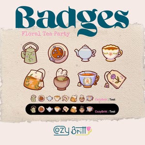 Badges floraux Tea Party Twitch | Badges confortables pour tasses, théières et sachets de thé pour banderoles | Joli jeu de badges PNG pour YouTube, Discord et Twitch