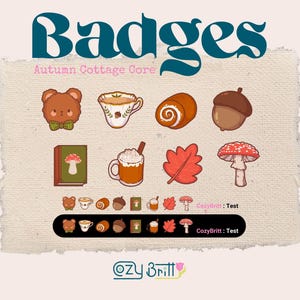 Badges secondaires Twitch Autumn Cottagecore : ours d'automne douillet, thé, gland, livre, champignon | Diffusez des ressources en superposition pour Twitch, YouTube et Discord