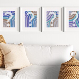 Printable Set 4 Wall Abstract Art Cold Brown, Violet and Blue With White Question Mark Multicolor Casual Shapes and Stripes
