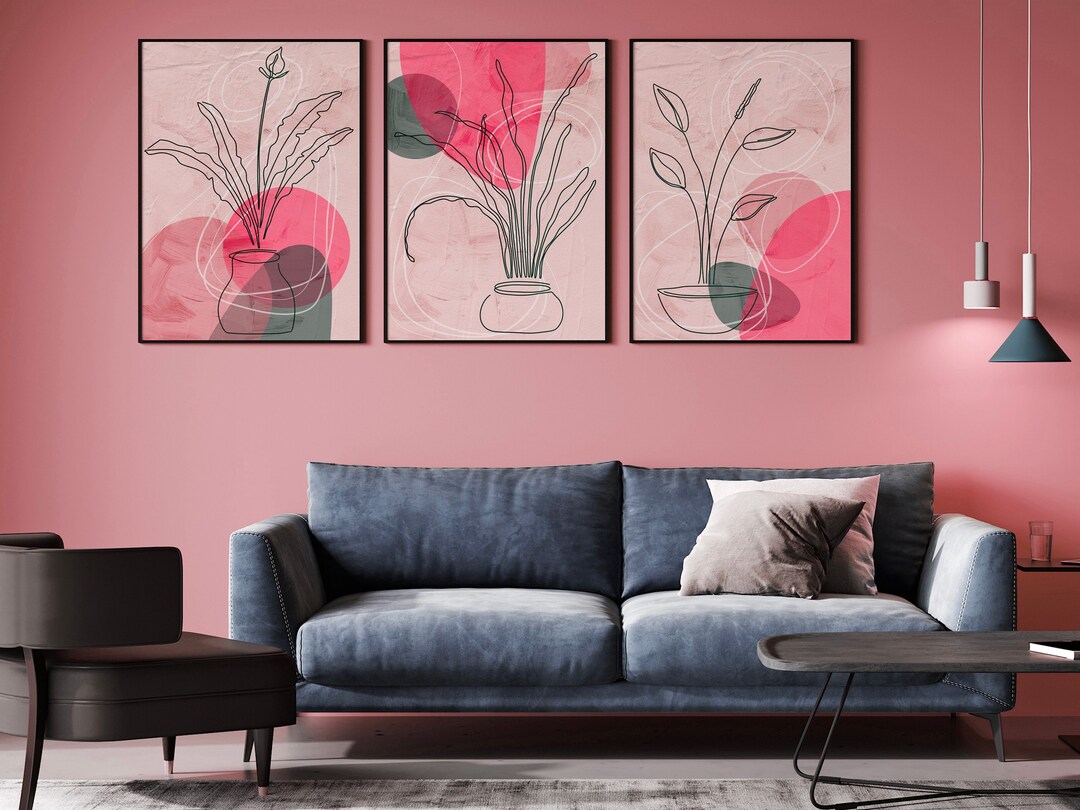 Printable Set 3 Wall Abstract Art Pink Grey With Hand Drawn Black ...