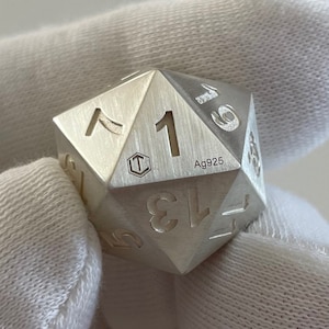 D20 dice made of 925 sterling silver, solid, 24 mm, 50 g, matte, precious metal dice, role-playing, tabletop, polyhedral, D20 collector&#39;s dice
