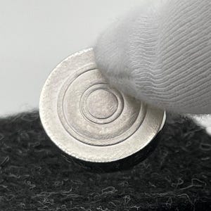 Puede incluir: Un disco de metal plateado con círculos concéntricos, descansando sobre una superficie de tela negra.