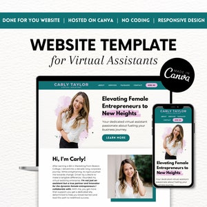 May include: A website template for virtual assistants, featuring a woman smiling and the text "Elevating Female Entrepreneurs to New Heights". The template is designed to be responsive and easy to use, with a modern and professional look.