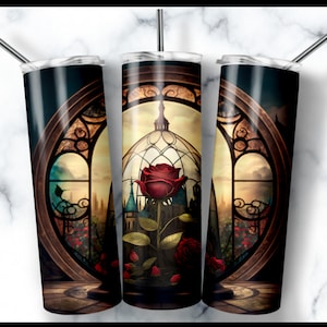 Cuento de hadas Belleza Bestia Sublimación Rosa 20 oz vaso sublimación digital PNG