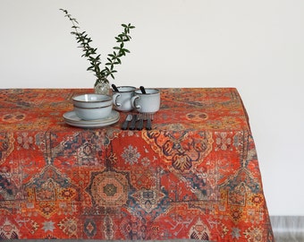 Cotton Tablecloth Turkish Kilim Style l Natural Oriental Table Runner l Boho style Cover Table l Farmhouse Terracotta and Orange Colors