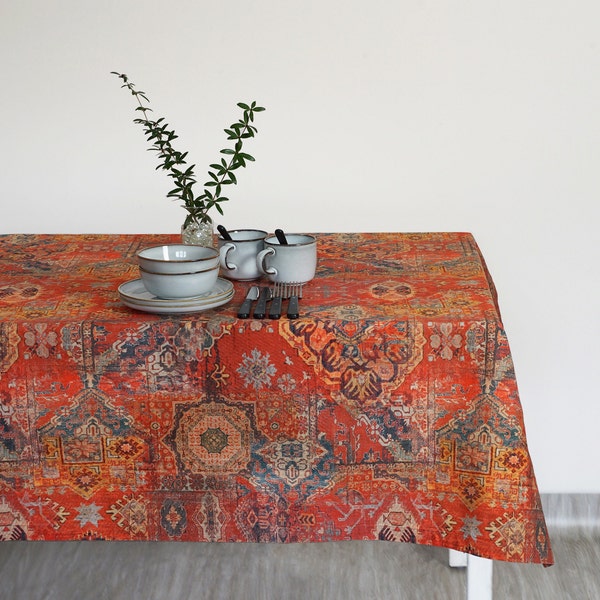 Cotton Tablecloth Turkish Kilim Style l Natural Oriental Table Runner l Boho style Cover Table l Farmhouse Terracotta and Orange Colors