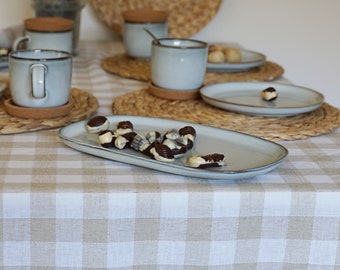 Tartan Cotton Tablecloth l Linen Scandinavian Print l Boho style l Farmhouse Fabric l  White and Beige Tartan