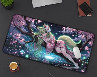 Fox Girl Cherry Blossom Kimono Moon Kitsune Anime Desk Mat | Japanese Fox Spirit Gaming Mouse Pad XL | Deskmat Playmat | Anime Gift